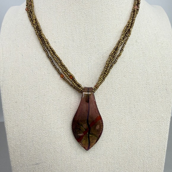 Dichroic Glass Teardrop Pendant Necklace Multi Strand Bronze Seed Beads - Picture 10 of 10